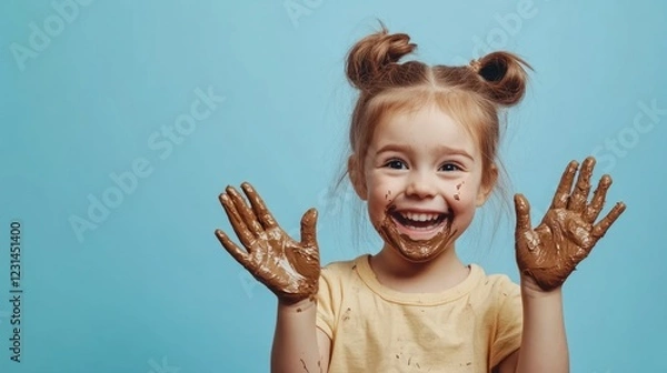 Fototapeta Joyful child with messy hands and face against blue backdrop