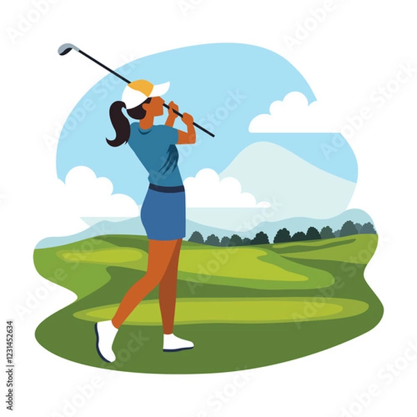 Fototapeta Woman Golfer Player Character Playing Golf Sport on the Field in Bright Sky