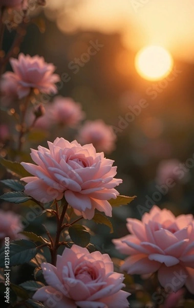Fototapeta Delicate roses blooming softly under the warm glow of a golden sunset