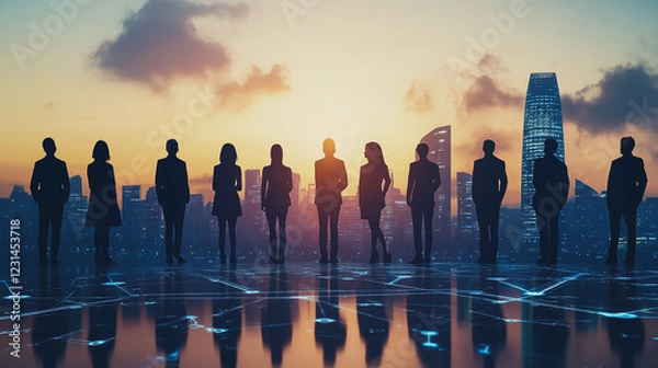 Fototapeta smart, digital, city, connection, network, innovation, reciprocity, cityscape, concept, future, wireless, social, media, networking systems, connects, people, double, exposure, waves, background, arti
