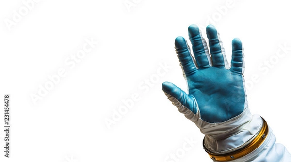 Fototapeta Hand wearing an astronaut glove reaching out against a white background in a futuristic context