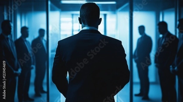 Obraz Leader of a corporate security team giving orders as they prepare for a high-profile executive arrival.