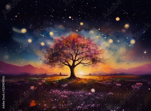 Obraz A lone tree, ablaze with autumnal hues, stands serenely in a field of wildflowers as the sun sets, casting a magical glow against a starry, firefly-filled night sky.