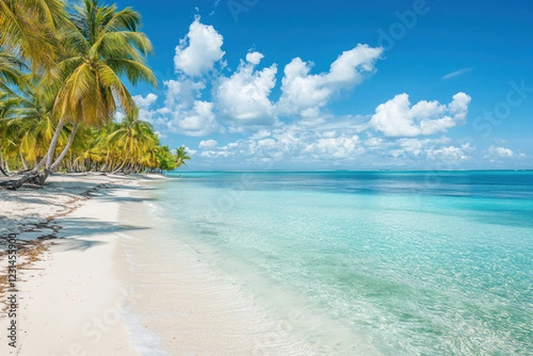 Fototapeta Palm trees lining a pristine beach with crystal-clear water under a cloudless sky.