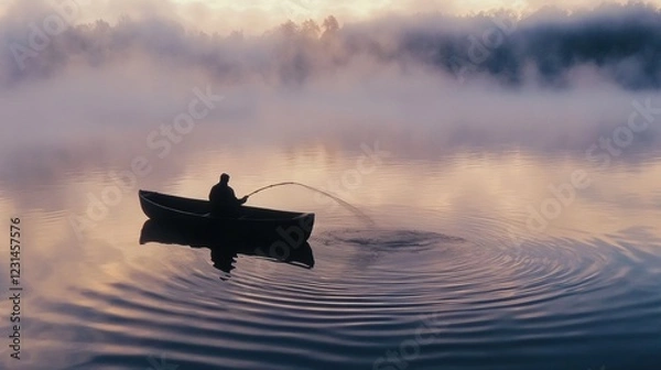 Fototapeta Misty morning scene of a fisherman casting a net from a wooden boat, creating ripples in the water.