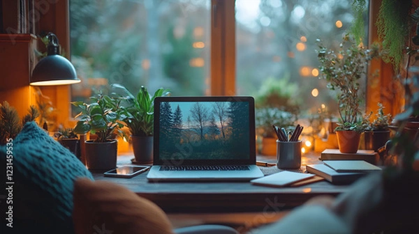 Fototapeta Cozy interior with a window seat featuring a laptop, candles, and houseplants in an autumn atmosphere, comfortable workspace with blanket and cushions, rainy evening, hygge study, creative retreat
