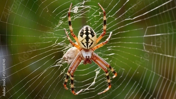 Fototapeta Golden Orb Web spider Nephila Pilipes displaying intricate web design with vibrant yellow and black markings against a blurred green background.