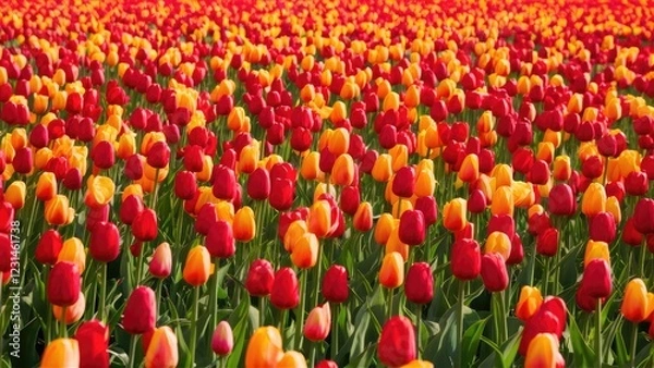 Fototapeta Colorful tulip field showcasing vibrant red and orange flowers in full bloom against lush green foliage under a clear blue sky.