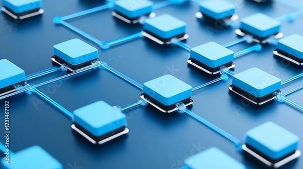 Obraz Linked blue boxes, connection network, data flow