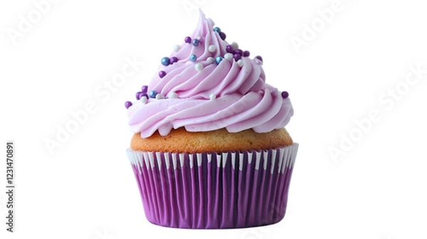 Fototapeta Delicious purple cupcake topped with swirled frosting and colorful sprinkles in a bright setting