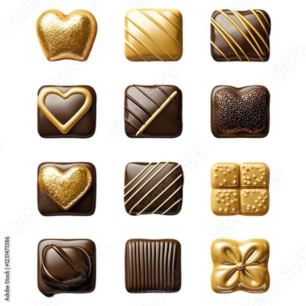 Fototapeta A sophisticated Valentine's Day themed chocolate icon on a transparent background. The design features a luxurious blend of warm brown and gold tones, emphasizing the smooth and sweet nature of chocol