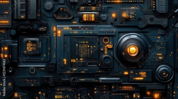 Fototapeta Futuristic tech panel glowing orange, detailed circuit board, abstract background, digital art
