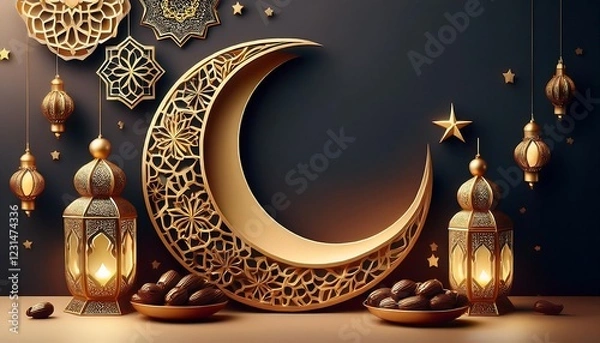 Fototapeta Elegant Ramadan Kareem Background with Lanterns, Crescent Moon, and Floral Patterns in Gold and Blue