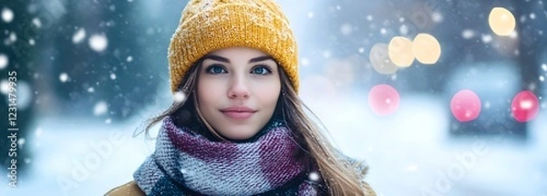 Fototapeta A woman wearing a beanie and scarf walking down a snow-covered street