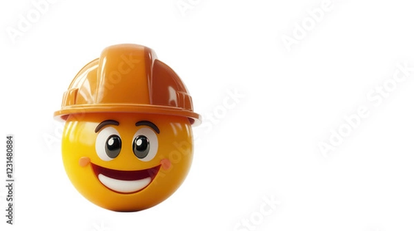 Obraz Smiling construction emoji wearing a safety helmet, showcasing a cheerful attitude in a playful design environment