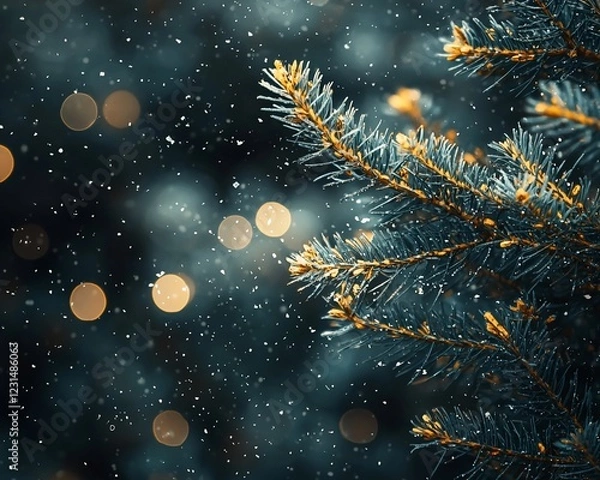 Fototapeta Snowy pine branch with bokeh lights.