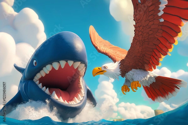 Obraz Cartoon whale and eagle soar above ocean under blue sky