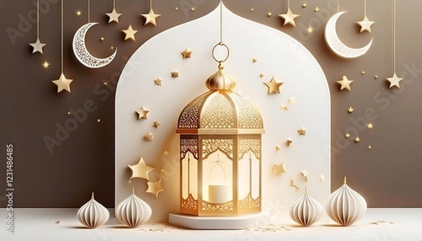 Fototapeta Elegant Ramadan Kareem Background with Lanterns, Crescent Moon, and Floral Patterns in Gold and Blue