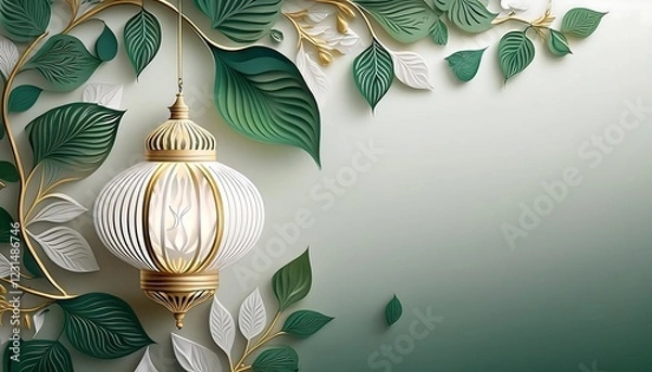 Fototapeta Elegant Ramadan Kareem Background with Lanterns, Crescent Moon, and Floral Patterns in Gold and Blue