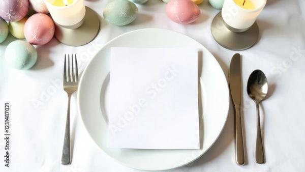 Fototapeta Mock up white card with a place for menu text lies on a white plate, silver cutlery nearby, candle, decor of painted white, pink and blue eggs, Easter concept