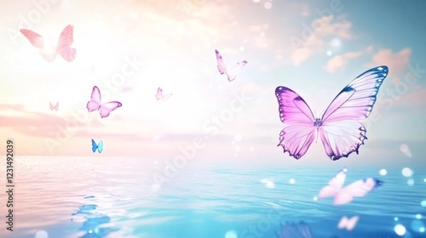 Obraz Colorful butterflies flying over a calm ocean at sunset creating a serene atmosphere