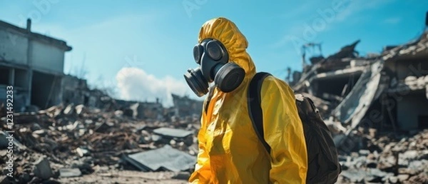 Fototapeta Hazmat worker in protective gear walking through disaster area with debris and rubble, assessing damage and ensuring safety after environmental crisis.