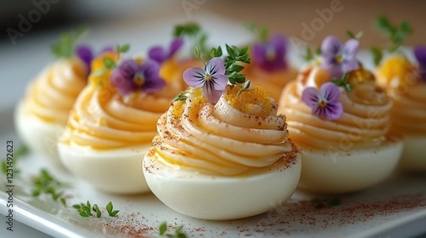 Fototapeta Elegant deviled eggs garnished with edible flowers and herbs.
