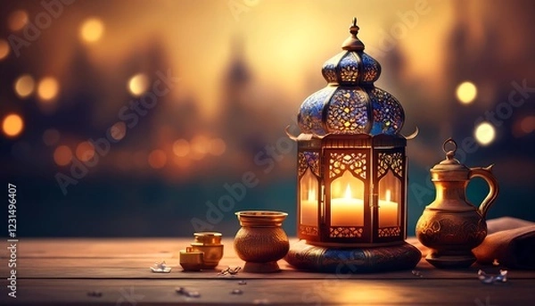 Fototapeta Elegant Ramadan Kareem Background with Lanterns, Crescent Moon, and Floral Patterns in Gold and Blue