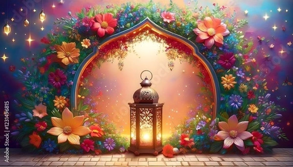 Fototapeta Elegant Ramadan Kareem Background with Lanterns, Crescent Moon, and Floral Patterns in Gold and Blue