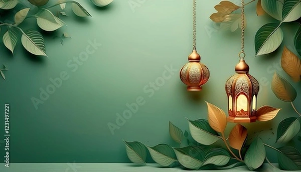 Fototapeta Elegant Ramadan Kareem Background with Lanterns, Crescent Moon, and Floral Patterns in Gold and Blue