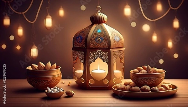 Fototapeta Elegant Ramadan Kareem Background with Lanterns, Crescent Moon, and Floral Patterns in Gold and Blue