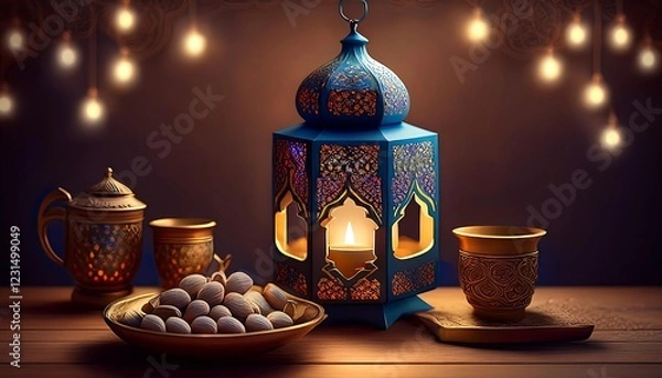 Fototapeta Elegant Ramadan Kareem Background with Lanterns, Crescent Moon, and Floral Patterns in Gold and Blue