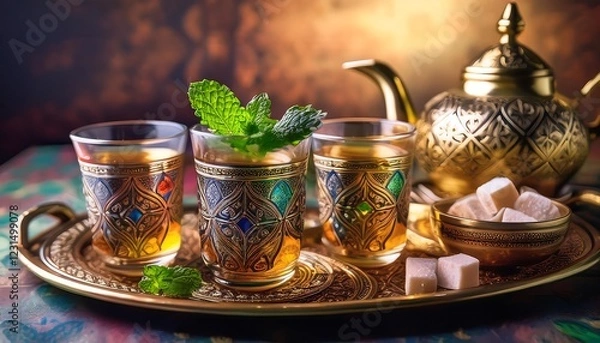 Fototapeta Elegant Ramadan Kareem Background with Lanterns, Crescent Moon, and Floral Patterns in Gold and Blue