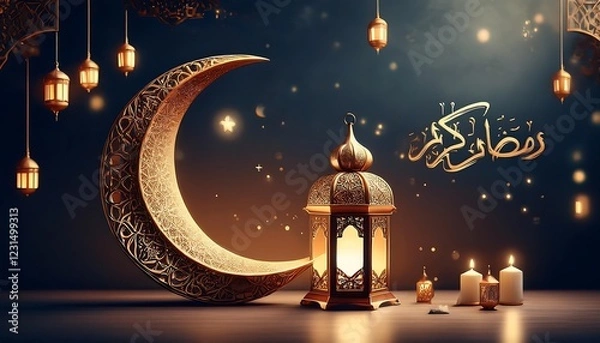 Fototapeta Elegant Ramadan Kareem Background with Lanterns, Crescent Moon, and Floral Patterns in Gold and Blue