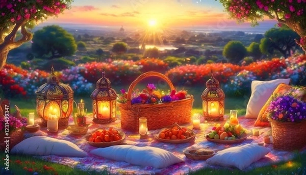 Fototapeta Elegant Ramadan Kareem Background with Lanterns, Crescent Moon, and Floral Patterns in Gold and Blue