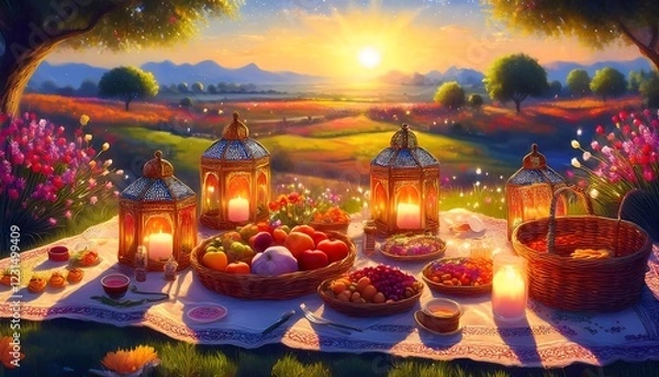 Fototapeta Elegant Ramadan Kareem Background with Lanterns, Crescent Moon, and Floral Patterns in Gold and Blue