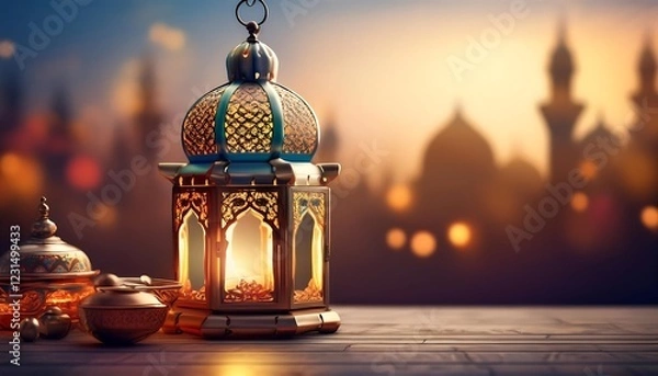 Fototapeta Elegant Ramadan Kareem Background with Lanterns, Crescent Moon, and Floral Patterns in Gold and Blue