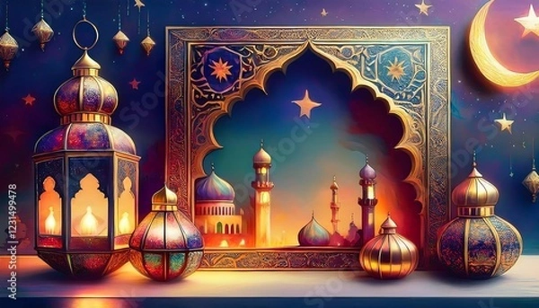 Fototapeta Elegant Ramadan Kareem Background with Lanterns, Crescent Moon, and Floral Patterns in Gold and Blue