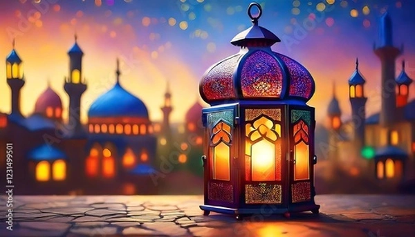 Fototapeta Elegant Ramadan Kareem Background with Lanterns, Crescent Moon, and Floral Patterns in Gold and Blue