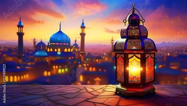 Fototapeta Elegant Ramadan Kareem Background with Lanterns, Crescent Moon, and Floral Patterns in Gold and Blue