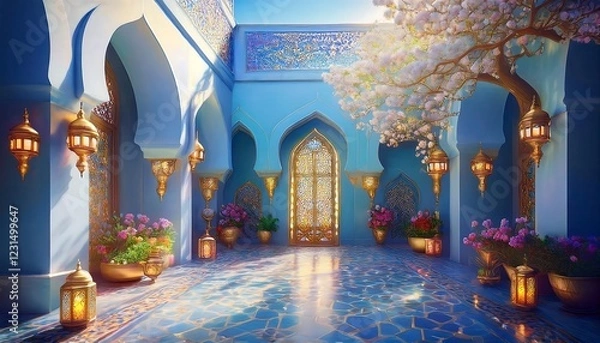Fototapeta Elegant Ramadan Kareem Background with Lanterns, Crescent Moon, and Floral Patterns in Gold and Blue