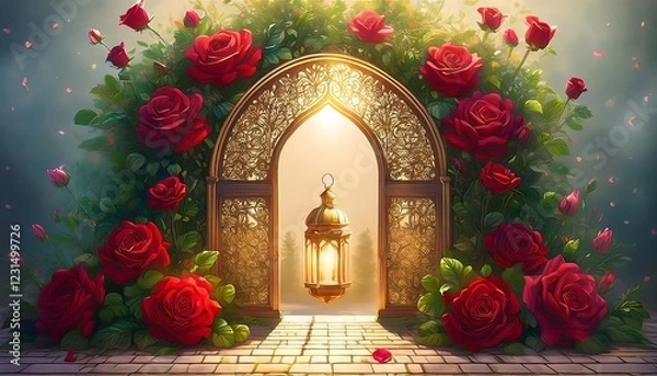 Fototapeta Elegant Ramadan Kareem Background with Lanterns, Crescent Moon, and Floral Patterns in Gold and Blue
