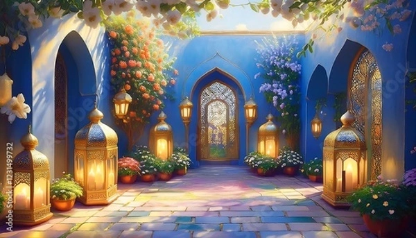 Fototapeta Elegant Ramadan Kareem Background with Lanterns, Crescent Moon, and Floral Patterns in Gold and Blue