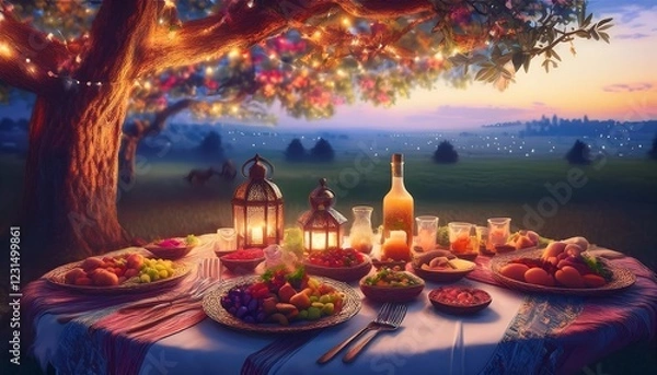 Fototapeta Elegant Ramadan Kareem Background with Lanterns, Crescent Moon, and Floral Patterns in Gold and Blue