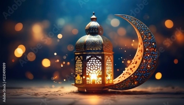 Fototapeta Elegant Ramadan Kareem Background with Lanterns, Crescent Moon, and Floral Patterns in Gold and Blue