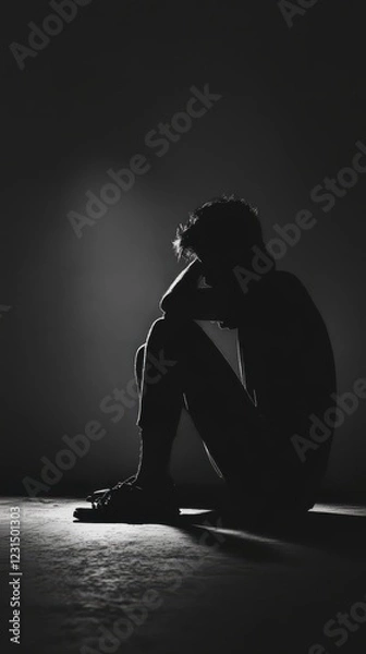 Fototapeta Person in dark room, looking over shoulder with anxious expression