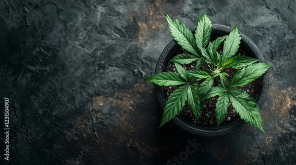 Obraz Cannabis leaves in a pot on a dark background. Growing medical marijuana 