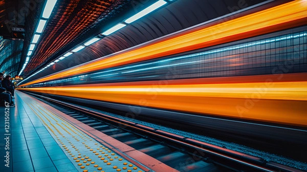 Fototapeta Futuristic subway station with motion blur and neon trails, cyberpunk, urban transit, and speed