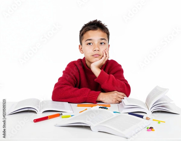Fototapeta Thoughtful boy of about 10 years old at a table with books and notebooks doing homework for school