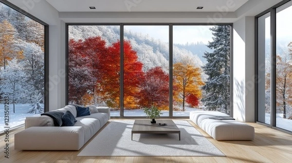 Fototapeta A living room with a window split into four sections, each showing a different season of the year